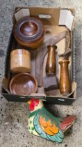 CARTON WITH MISC TREEN, BOWLS, VASES & A CHICKEN