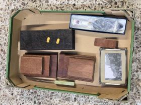 CARTON WITH 2 WOODEN BOOK ENDS, WOOD BOX WITH PLAYING CARDS & OTHER BRIC--BRAC
