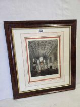 ANTIQUE COLOURED ENGRAVING OF AN INTERIOR AT ST JAMES'S PALACE, LONDON IN QUALITY WALNUT FRAME AND