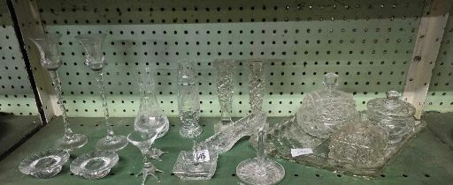 SHELF OF GLASSWARE INCL; GLASS SLIPPER, DRESSING TABLE SET, VASES ETC