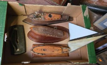 3 WOODEN TABLE BOAT LIGHTS & 1 WITH GLASS SAILS & AN ODD METAL LAMP BASE