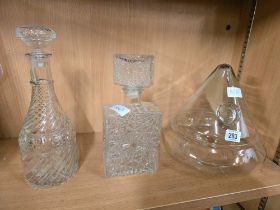 2 DECANTERS & STOPPERS & A GLASS LAMP SHADE