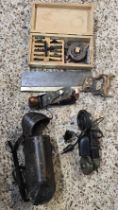 CARTON WITH TENNON SAW, A METAL SMOOTHING PLANE, A WEHRMACHT LIGHT MORSE MACHINE ZG601 & A BOX OF