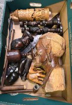 LARGE CARTON OF ETHNIC HARDWOOD CARVED HEADS, PIPES,
