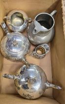 CARTON WITH 2 SILVER PLATED TEA POTS, SUGAR BOWL,