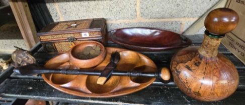 SHELF OF ETHNIC WOODEN ITEMS, TRAYS, INCENSE STICK BOX,