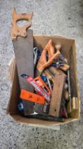 CARTON OF VINTAGE TOOLS INCL; PLANES, SAWS,