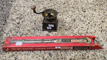 VINTAGE TABLE TOP COFFEE GRINDER & LARGE RATCHET TORQUE WRENCH