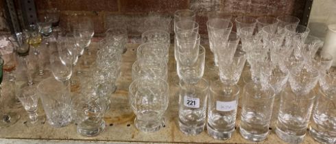 SHELF OF VARIOUS CRYSTAL GLASS, WINE GLASSES, SHERRY GLASSES,