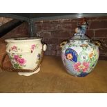 ORIENTAL STYLE POT WITH COVER & A DECORATIVE CHINA SLOP BUCKET