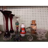 SHELF OF GLASS VASES, POTTERY VASES,