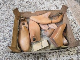 WOOD CARTON WITH MISC WOODEN SHOE TREES
