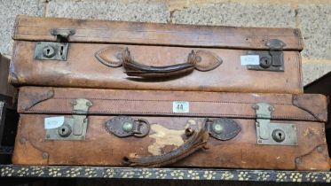 2 VINTAGE LEATHER SUITCASES CARRY HANDLES A/F