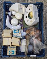 CARTON WITH MISC ELECTRICAL BULBS, WOODEN DRAWER KNOBS, CHINA SOAP DISH,