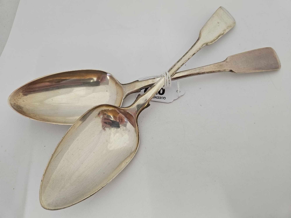 2 EXETER SILVER FIDDLE PATTERN TABLE SPOONS 1808 BY WW,