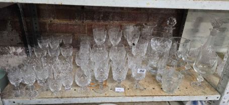 SHELF WITH QTY OF DRINKING GLASSES, JUGS, DECANTERS,