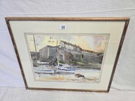 WATERCOLOUR OF TWO MOORED BOATS INSCRIBED BELLE ISLE SIGNED ROSE BRIMECOMBE,