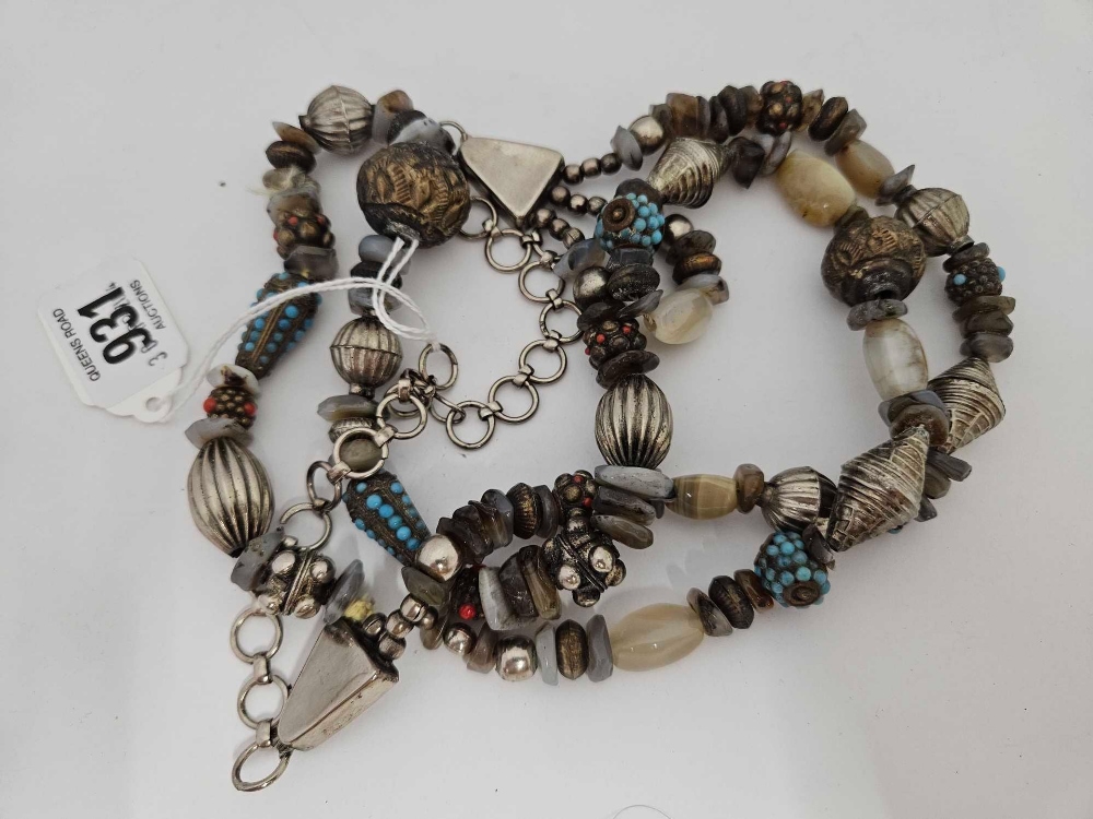 ORNATE TRIBAL STYLE BEAD & STONE SET TRIPLE ROW NECKLACE