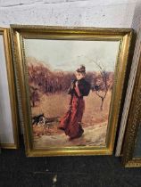 FRAMED OIL OF A YOUNG LADY WITH DOGS,