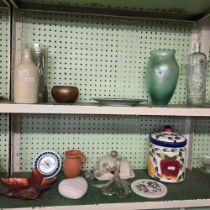 2 SHELVES OF CHINAWARE & GLASSWARE CONSISTING OF A BUTTER DISH & COVER, CLOCK,