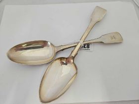 2 EXETER SILVER FIDDLE PATTERN TABLE SPOONS 1818 & 1823 BY WW & IP,