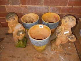 3 TERRACOTTA PLANT POTS WITH GALVANISED BANDS & 2 TERRACOTTA FIGURES