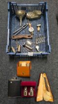 CARTON OF MIXED BRIC-A-BRAC INCL; A HIP FLASK, WINE FUNNEL,