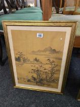 PAIR OF GILT F/G ORIENTAL PICTURES ON CLOTH