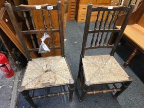 2 SPINDLE BACK RAFFIA SEATED DINING CHAIRS