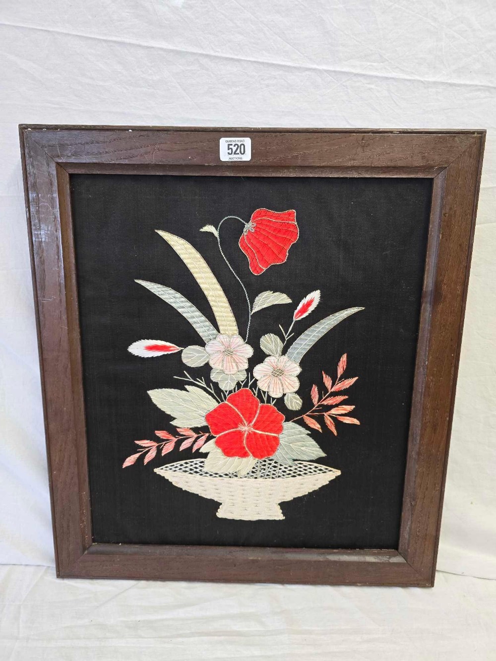GOOD VICTORIAN SILK WORK TEXTILE PANEL OF FLOWERS IN A BASKET IN AN OLD OAK FRAME,