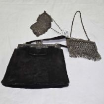 ART DECO SWAY BAG WITH SILVER / MARCASITE CLASP & 2 MESH BAGS