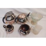 FOUR PIECE VICTORIAN CHINA TEA SET & VICTORIAN GLASS SUGAR & CREAM