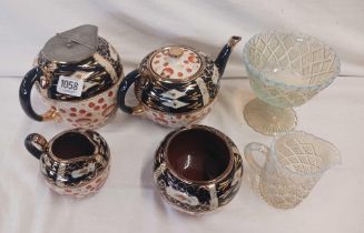 FOUR PIECE VICTORIAN CHINA TEA SET & VICTORIAN GLASS SUGAR & CREAM