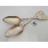 2 EXETER SILVER FIDDLE PATTERN TABLE SPOONS, 1834 BY WRS,