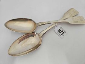 2 EXETER SILVER FIDDLE PATTERN TABLE SPOONS, 1834 BY WRS,