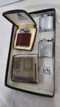 3 RONSON CIGARETTE LIGHTERS - 12 PETROL & 1 GAS & A NOVELTY CIGARETTE CASE ENGRAVED WITH A £5 NOTE
