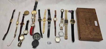 WOODEN CIGAR BOX WITH MISC LADIES & GENTS WRIST WATCHES INCL;
