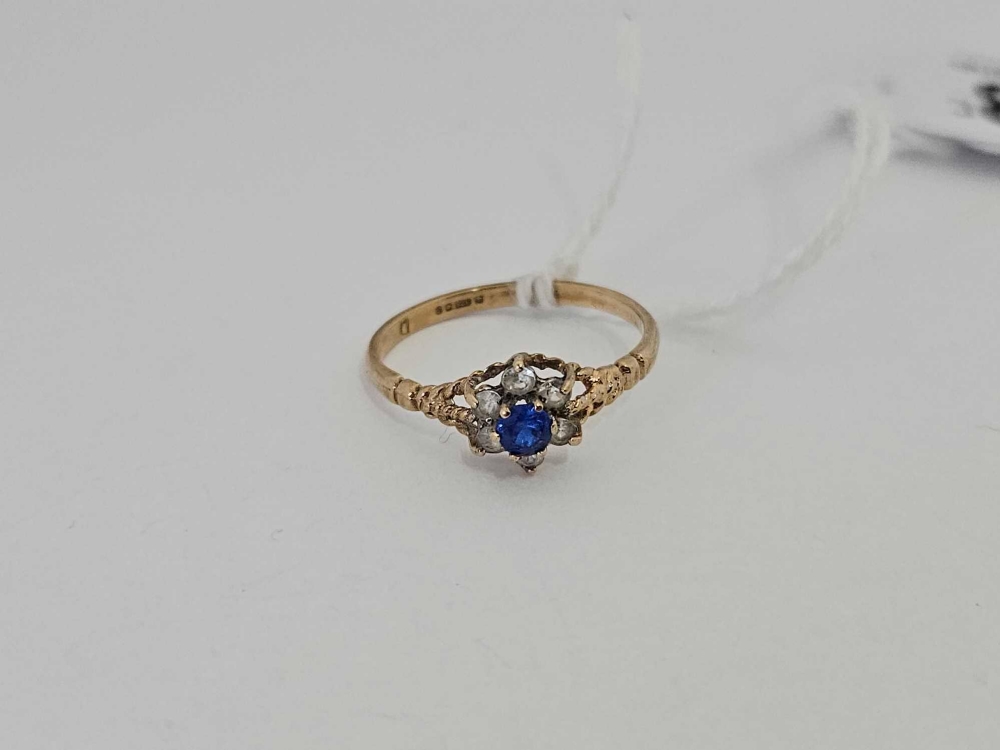 A SAPPHIRE CLUSTER RING SET IN 9ct GOLD,