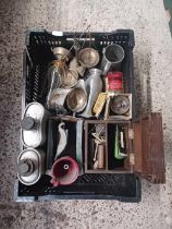 CARTON WITH ALUMINIUM CANS, VINTAGE CREAM MAKER - NOT KNOWN IF COMPLETE, SMALL SCALES,