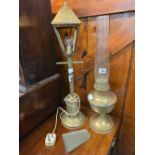 BRASS OIL LAMP & A BRASS TABLE LAMP IN FORM OF A STREET LAMP