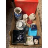 CARTON WITH BLUE & WHITE JUG, ORIENTAL CUPS,