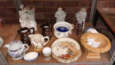 SHELF OF MISC CHINAWARE INCL; 2 CHILD'S FIGURINES, STAFFORDSHIRE FLAT BACK, JUGS & BOWLS,