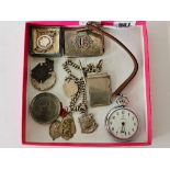 SMALL CARTON WITH SERVICES POCKET WATCH, WATCH FOB WITH SILVER FOBS, MEDALLIONS,