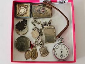 SMALL CARTON WITH SERVICES POCKET WATCH, WATCH FOB WITH SILVER FOBS, MEDALLIONS,