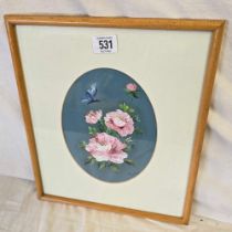 IVY W DAVIS; OIL PAINTING ON FINE CANVAS OF ROSES WITH BUTTERFLY, SIGNED,