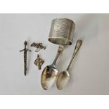 QTY OF SILVER INCL; MEDICINE SPOON, NAPKIN RING, CELTIC CROSS ON CHAIN & OTHER SILVER,