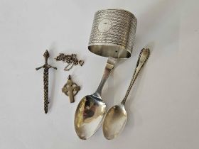 QTY OF SILVER INCL; MEDICINE SPOON, NAPKIN RING, CELTIC CROSS ON CHAIN & OTHER SILVER,