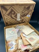 MISC 'REGAL RECORD' BOX OF OLD FOREIGN STAMPS IN PACKETS + SLOGANS LARGE QUANTITY