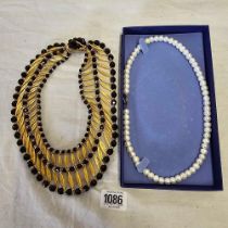 GOLD COLOURED METAL BLACK BEAD NECKLACE & 1 OTHER