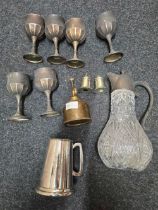 CARTON WITH 6 SILVER PLATED WINE GOBLETS, CLARET JUG,